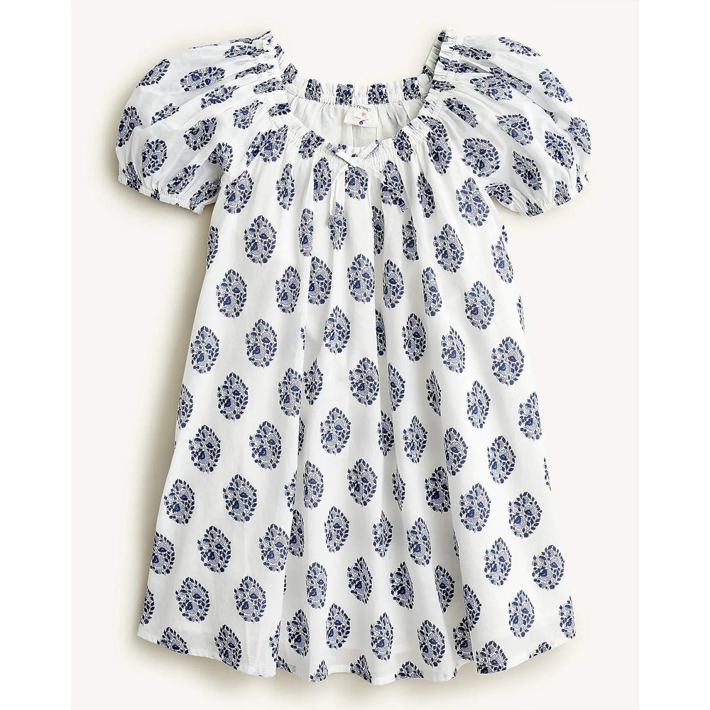 J.Crew Girls Dress Puff Sleeve Floral Block Print Ivory Blue Size 6 Cottagecore